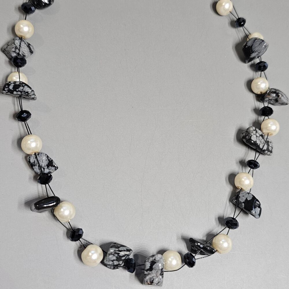Gray & Black Stone & Beads Faux Pearl Necklace Wire Chain 17.5"-19.5"